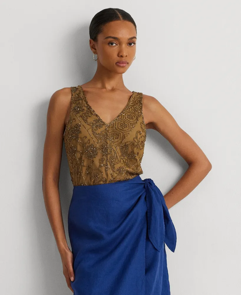 Lauren Ralph Lauren Mesh Beaded Sleeveless V-Neck Cocktail Dress