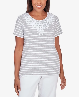 Alfred Dunner Petite Classic Neutrals Lace Neck Striped Split Hem T-shirt