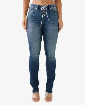 True Religion Women's Billie Lace Up Crystal Flap Straight Jeans