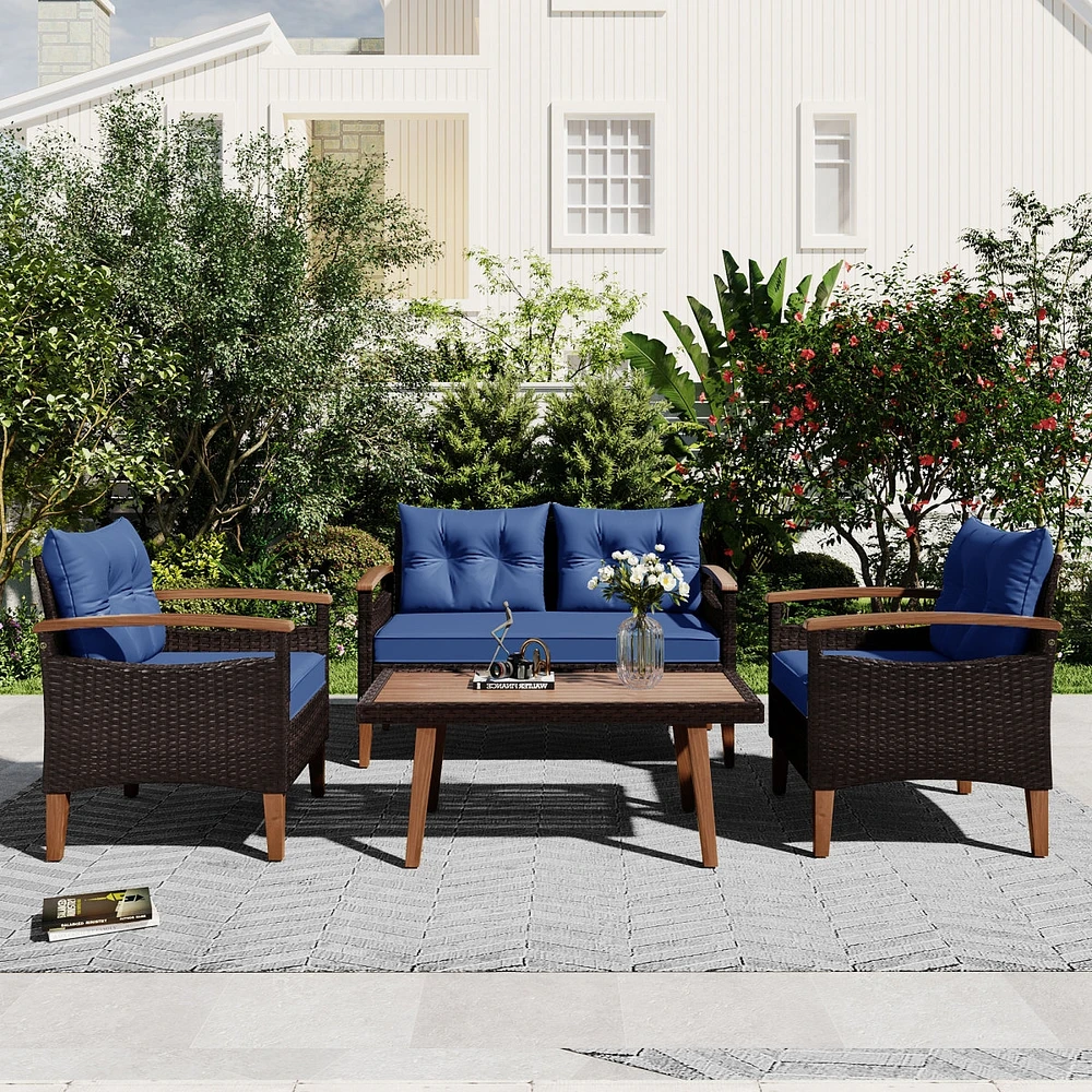 Simplie Fun 4-Piece Garden Furniture, Patio Seating Set, Pe Rattan Outdoor Sofa Set, Wood Table And Legs