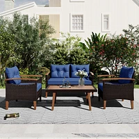 4-Piece Garden Furniture, Patio Seating Set, Pe Rattan Outdoor Sofa Set, Wood Table And Legs