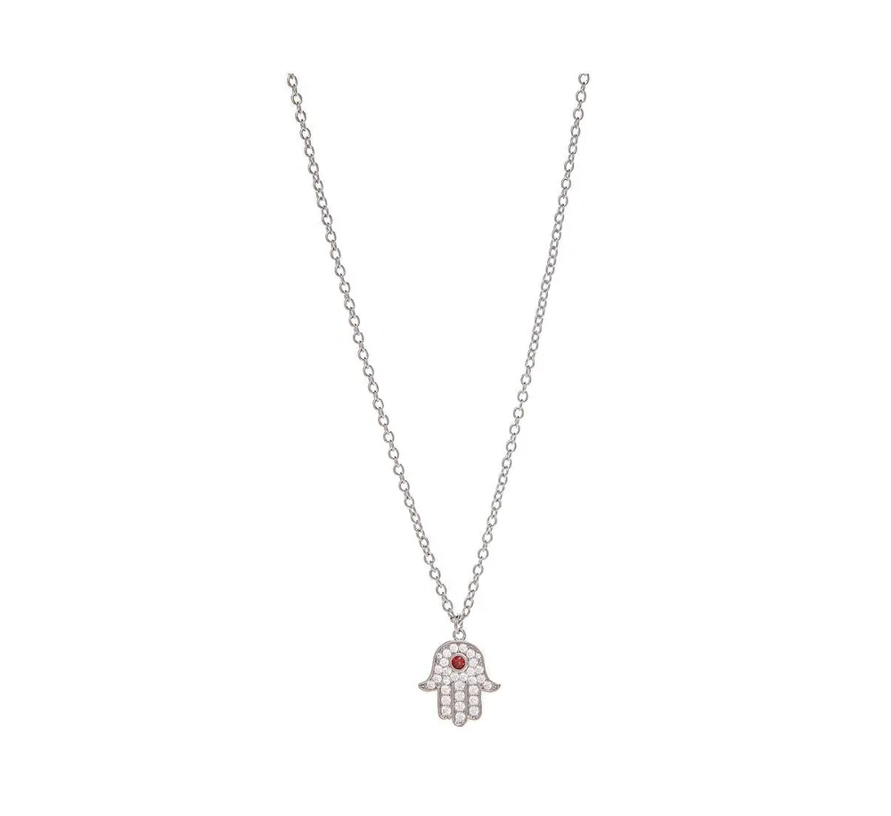 White Rhodium Rubelite Cubic Zirconia Hamsa Pendant Necklace