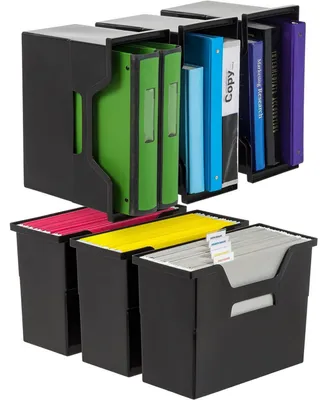 Medium Portable Desktop File Box, Black - 6 Pack, Side Handles, Hanging File Folders, Tabs & Inserts, Letter Size