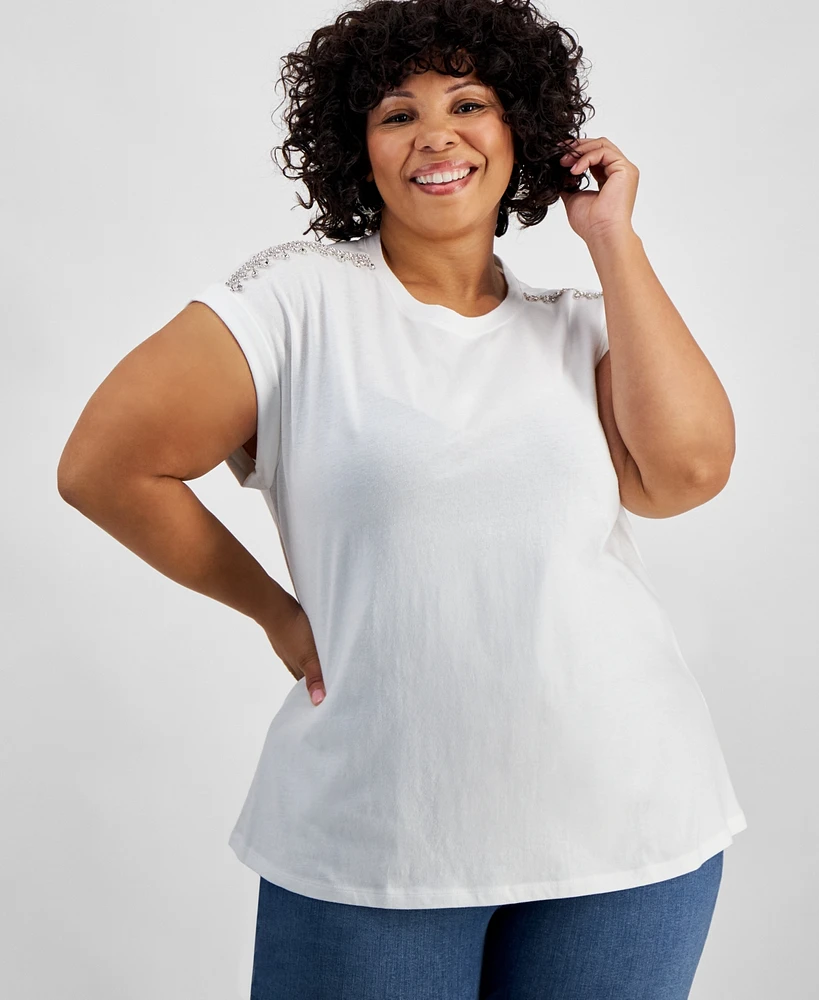 I.n.c. International Concepts Plus Size Cotton Embellished T-Shirt, Created for Macy's