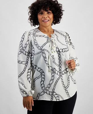 I.n.c. International Concepts Plus Chain-Print Lace-Up-Neck Top, Created for Macy's