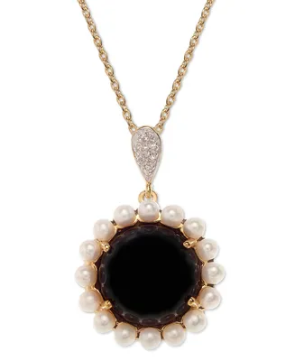 Onyx, Freshwater Pearl (3mm) & White Topaz Accent 18" Pendant Necklace in 14k Gold-Plated Sterling Silver