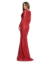 Women's Embroidered Long Sleeve V Neck Trumpet Gown