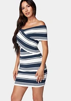 Bebe Women's Off Shoulder Striped Sweater Dress - Navy/White, S