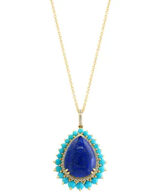 Effy Lapis Lazuli, Turquoise, & Diamond (1/5 ct. t.w.) Pear Halo 18" Pendant Necklace in 14k Gold
