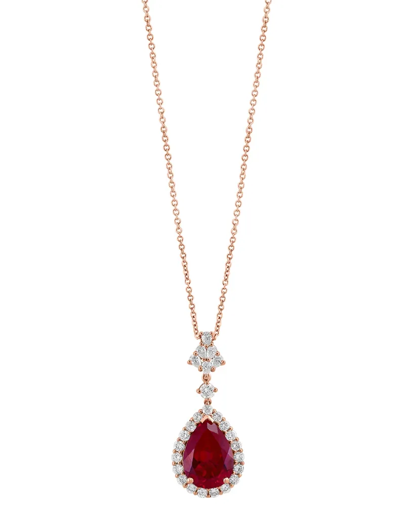 Effy Lab Grown Ruby (7-1/8 ct. t.w) & Lab Grown Diamond (1 ct. t.w.) Pear Halo 18" Pendant Necklace in 14k Rose Gold