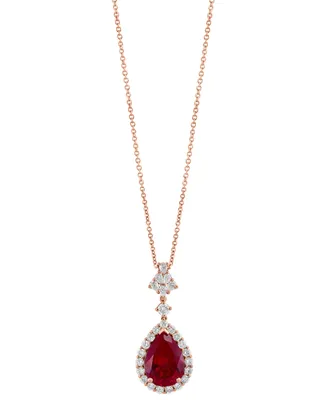 Effy Lab Grown Ruby (7-1/8 ct. t.w) & Lab Grown Diamond (1 ct. t.w.) Pear Halo 18" Pendant Necklace in 14k Rose Gold