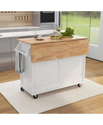 Simplie Fun White Kitchen Cart with Drop-Leaf Countertop