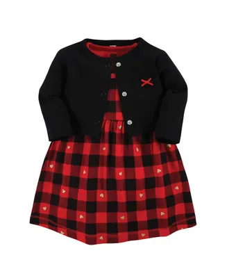 Hudson Baby Girls Cotton Dress and Cardigan Set, Gold Heart Buffalo Plaid, 18-24 Months