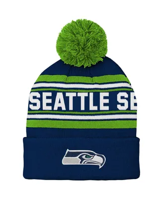 Youth Boys and Girls College Navy Seattle Seahawks Jacquard Cuffed Knit Hat with Pom