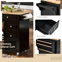 Mobile Kitchen Cart with Rubber Wood Desktop and 5 Draws