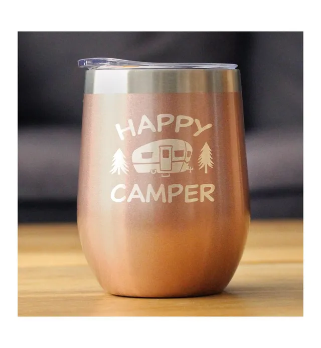 Happy Camper Wine Tumbler with Sliding Lid - Stemless Stainless Steel Insulated Cup - Cute Outdoor Camping Mug - Pink