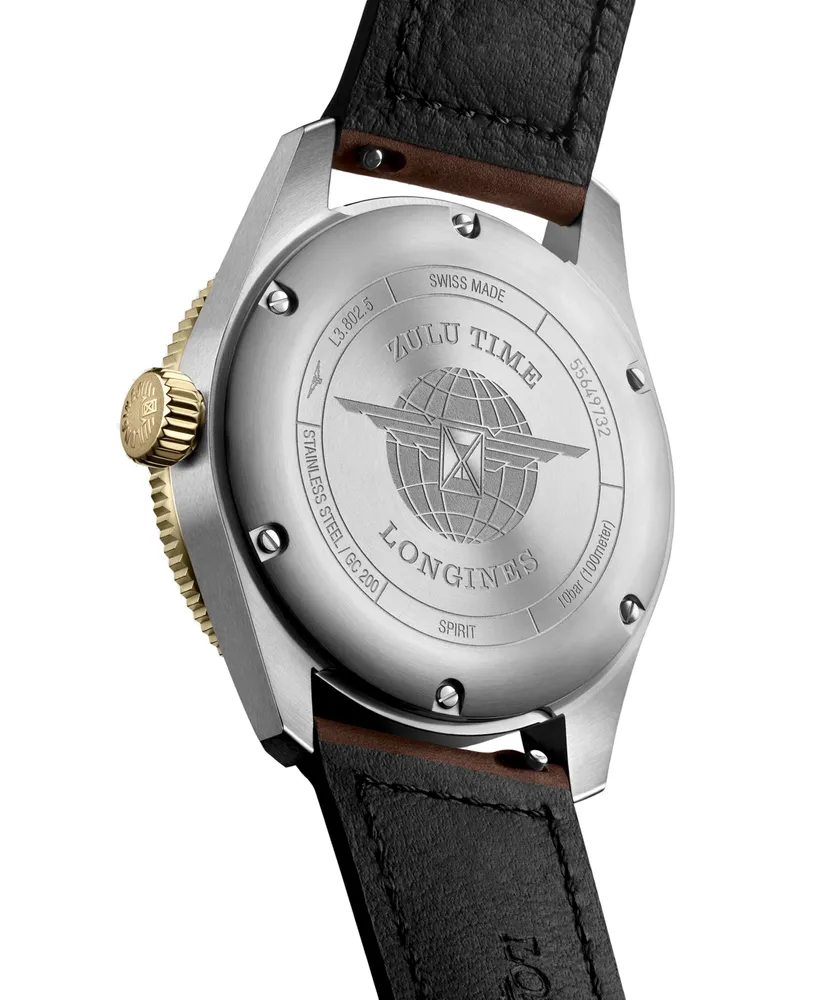Longines Men's Swiss Automatic Spirit Zulu Time Brown Leather Strap Watch 39mm