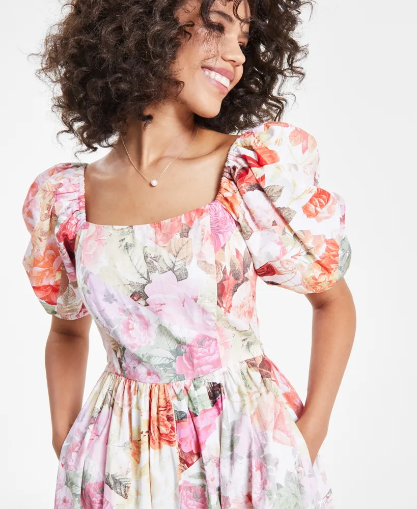 Vince Camuto Petite Floral-Print Puff-Sleeve Midi Dress