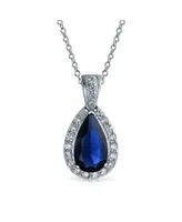 Bling Jewelry Classic Pear Shape Solitaire Teardrop Halo Cz Royal Blue Pendant Necklace Matching Drop Earrings Jewelry Set Rhodium Plated