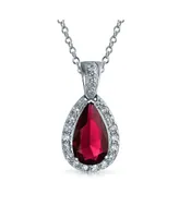 Bling Jewelry Classic Fashion Pear Shape Solitaire Teardrop Halo Cz Red Pendant Necklace Matching Drop Earrings Jewelry Set For Women Rhodium Plated