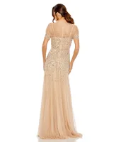 Women's High Neck Short Sleeve Sequin Embellished Gown