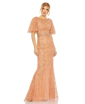 Women's Embellished Neck Butterfly Sleeve Trumpet Gown