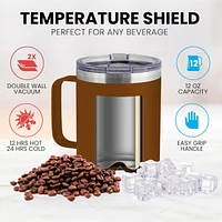 12 oz Insulated Coffee Mug with Lid - Stainless Steel Camping Tumbler Handle