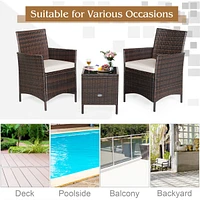 3 Pieces Patio Cushioned Rattan Converstaion Set With Glass Table Top