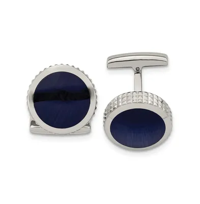 Chisel Stainless Steel Polished Cat's Eye Textured Circle Cufflinks