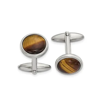 Chisel Stainless Steel Polished Tiger's Eye Circle Cufflinks