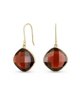 Bling Jewelry Classic Elegant 10K Gold Faceted Briolette Bezel Set Square Cushion Cut Red Natural Garnet Dangle Drop Earrings For Women Wire Fish Hook