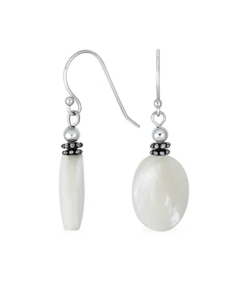 Bali Style White Mother of Pearl Milgrain Caviar Bead Accent Oval Drop Earrings For Women .925 Sterling Silver Oxidized Wire Fish Hook