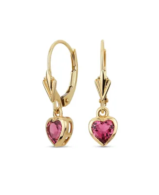 Petite Delicate Romantic Real 14K Yellow Gold Cz Bezel Set Genuine Pink Tourmaline Gemstone Heart Dangle Earrings For Women Girlfriend Lever Back