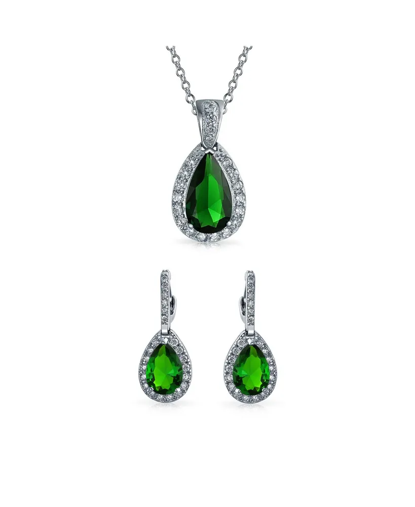 Bling Jewelry Classic Pear Shape Solitaire Teardrop Halo Cz Green Green Pendant Necklace Matching Drop Earrings Jewelry Set Rhodium Plated