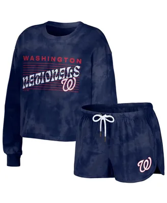Women's Wear by Erin Andrews Navy Distressed Washington Nationals Tie-Dye Cropped Pullover Sweatshirt and Shorts Lounge Set