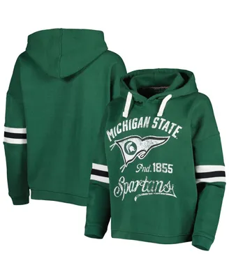 Women's Pressbox Green Distressed Michigan State Spartans Super Pennant Pullover Hoodie