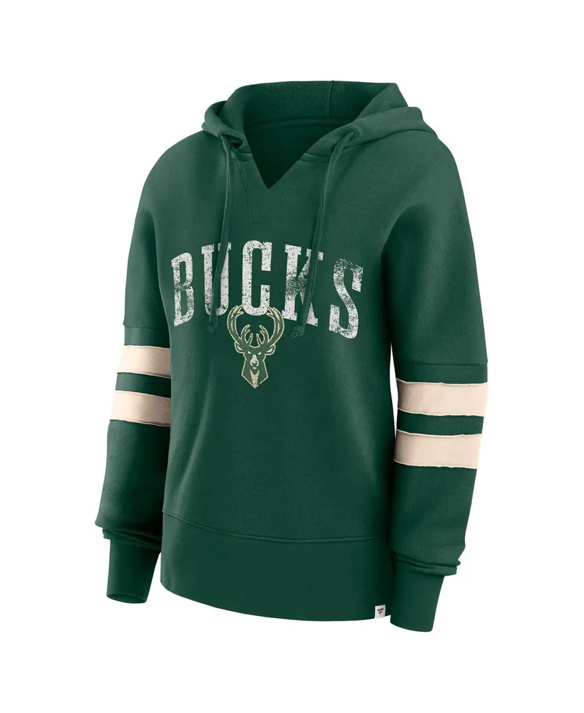 Women's Fanatics Hunter Green Distressed Milwaukee Bucks Bold Move Dolman V-Neck Pullover Hoodie