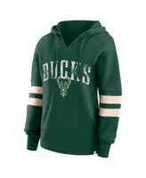 Women's Fanatics Hunter Green Distressed Milwaukee Bucks Bold Move Dolman V-Neck Pullover Hoodie