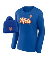 Women's Fanatics Royal New York Mets Run The Bases Long Sleeve T-shirt and Cuffed Knit Hat with Pom Combo Set