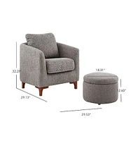 Sherpa Accent Chair with Storage Ottoman Set, Upholstered Barrel Club Arm Chair with Footrest, Modern Living Room Chair with Back Pillow and Wooden Le