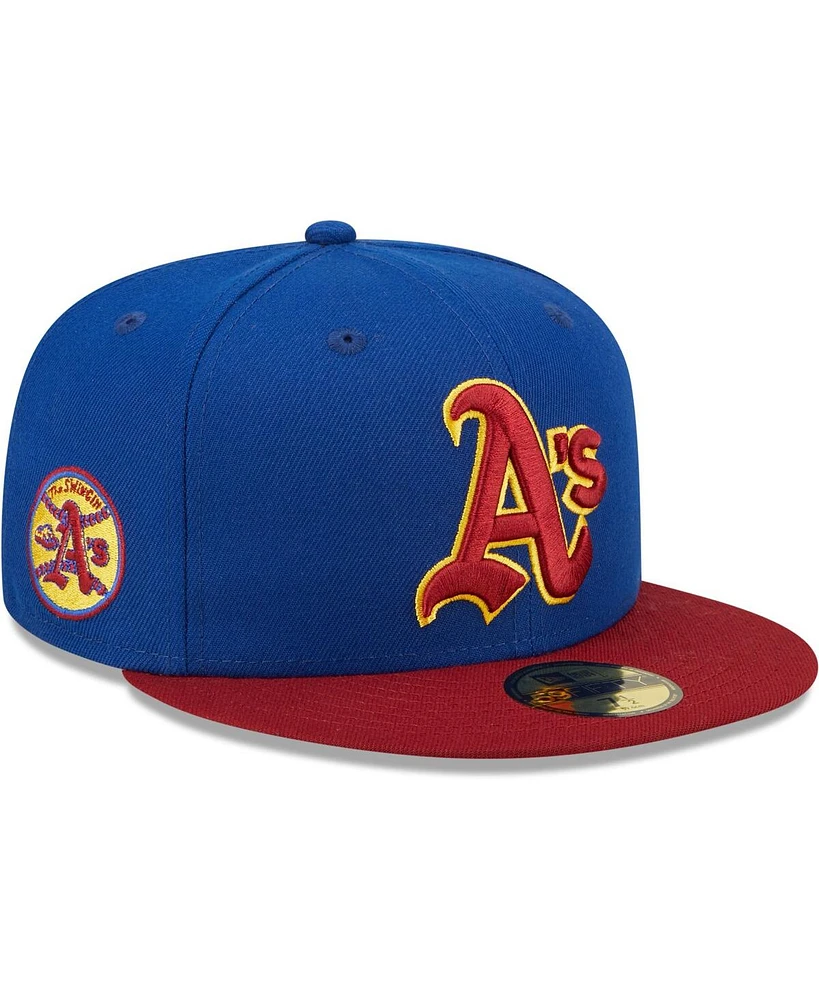 Men's New Era Royal, Red Oakland Athletics Throwback Logo Primary Jewel Gold Undervisor 59FIFTY Fitted Hat