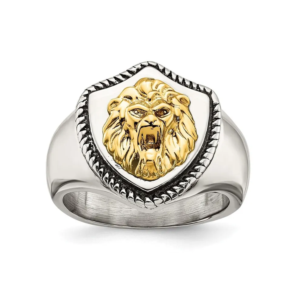 Chisel Stainless Steel 14k Gold Accent Antiqued Lion on Shield Ring