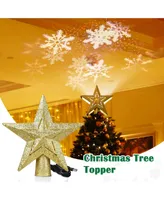 Yescom Christmas Tree Topper Led Lighted 3D Hollow Rotating Snowflake Projector Rotating Christmas Decoration,Golden