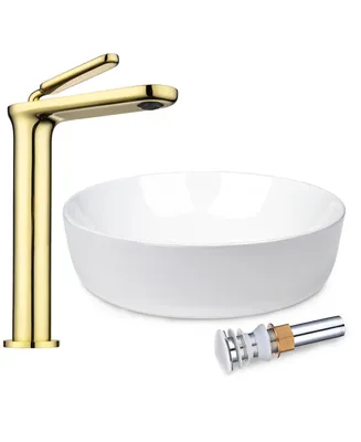 16" Ceramic Bathroom Vessel Sink and Gold Vanity Mixer Faucet w/Pop Up Drain Kit