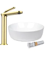 16" Ceramic Bathroom Vessel Sink and Gold Vanity Mixer Faucet w/Pop Up Drain Kit