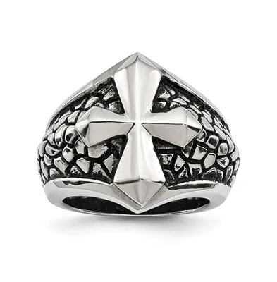 Chisel Stainless Steel Antiqued Polished and Textured Cross Ring