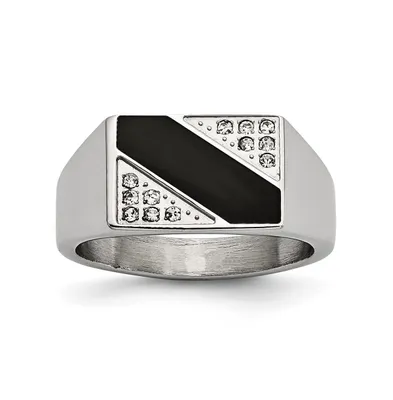Chisel Stainless Steel Polished Black Enameled Cz Signet Ring