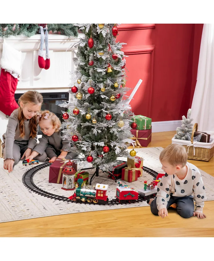 Qaba Electric Train Set for Kids, Battery-Powered Christmas Train Toy Set with Sounds & Lights, Classic Toy Train Set with Gifts Box for 3