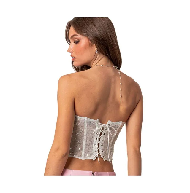 Edikted Women's Semi sheer sequin lace up corset top