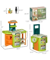 Qaba 58Pcs Grocery Store Pretend Play Kids Trolley with Cash Register Stand, Foldable Play Store for Kids with Scanner, Play Food Vegetable, Extra Sto